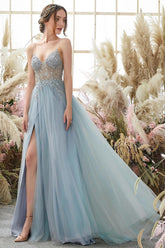 Elegantes blaues A-Linien-Ballkleid mit V-Ausschnitt, Spaghettiträgern, Schlitz vorne und Perlenbesatz